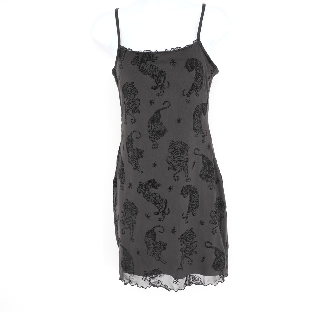 Vintage Divided Y2K Bodycon Mesh Mini Dress Womens S Black Goth Tiger Velveteen